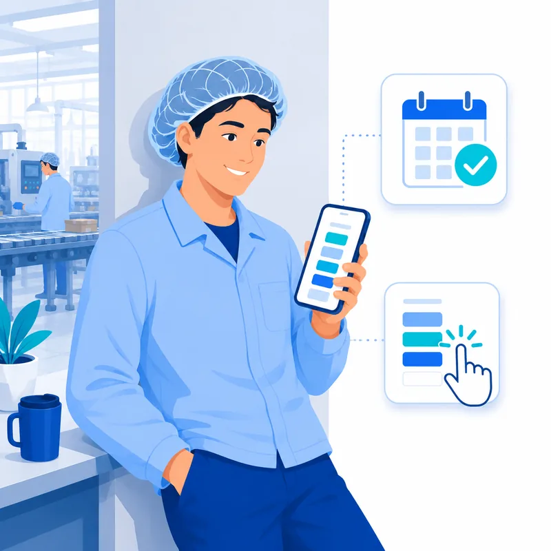 Factory employee checking their shift schedule on a smartphone